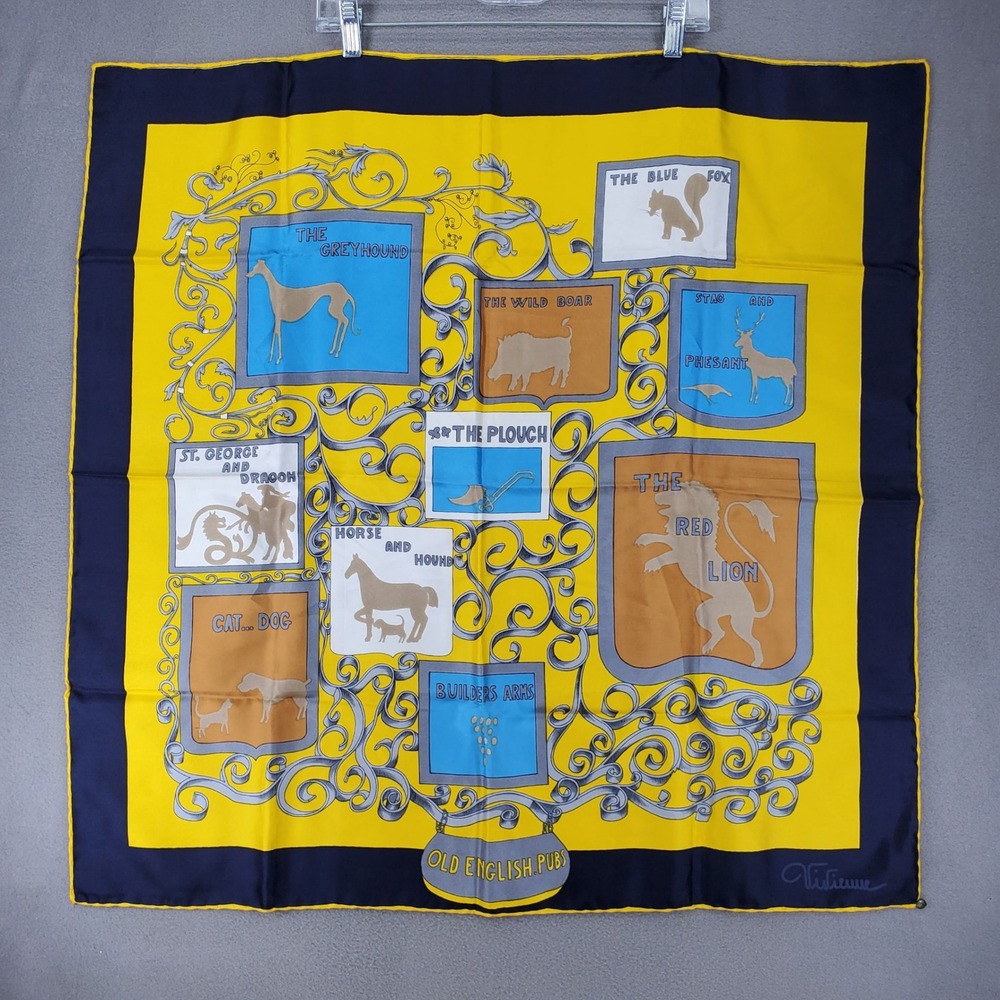 Vivienne Scarf Silk Yellow Navy Old English Pubs Heraldic Animals Square Italy